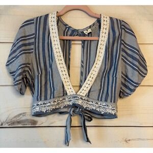 Roxy Blue White Striped Lace Trim Tie Front Open Back Crop Top Womens Large
